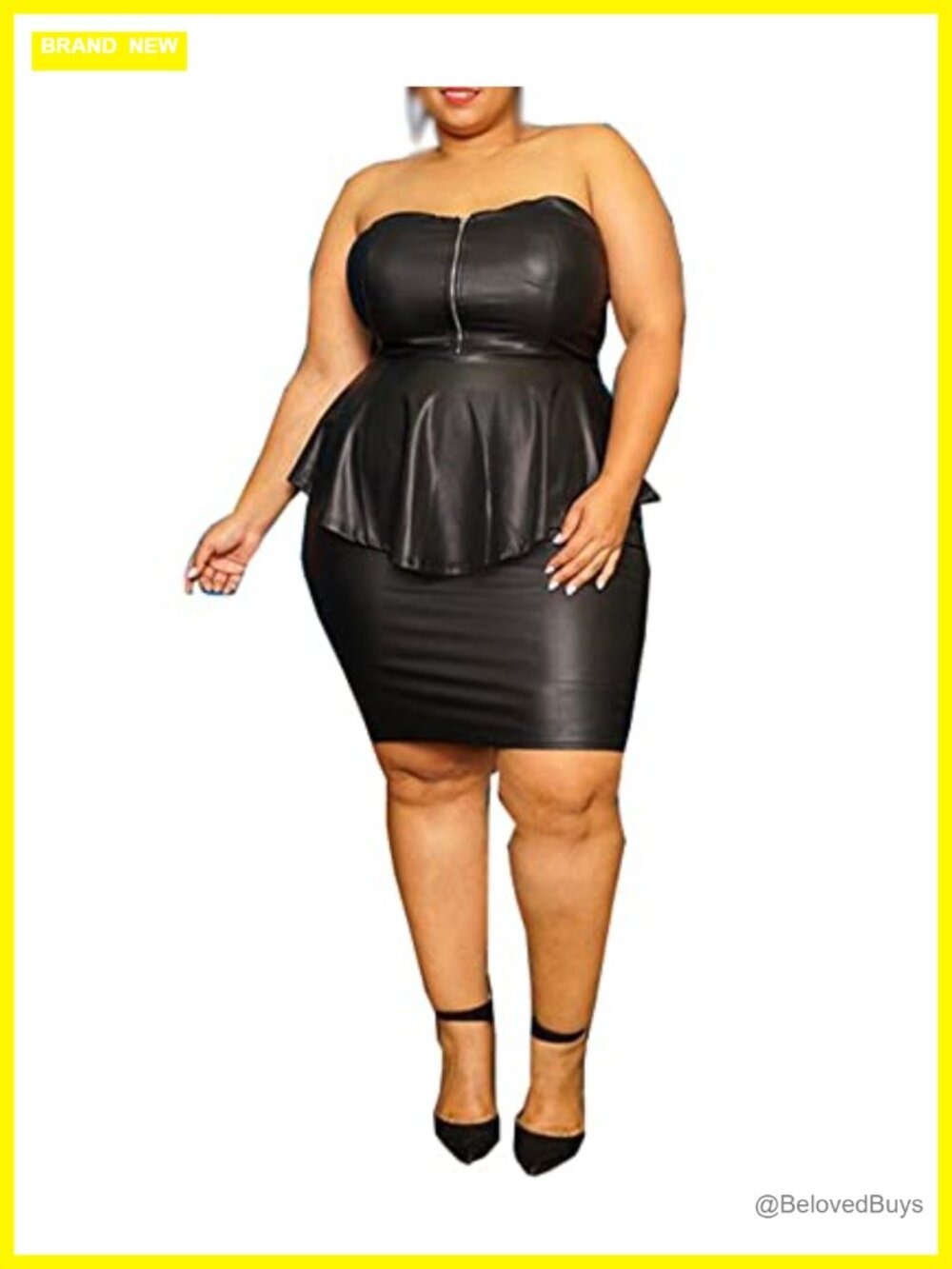 Plus Size 2 Piece Faux Leather Outfit Bodycon Tube Top Zipper Skirt Set Clubwear